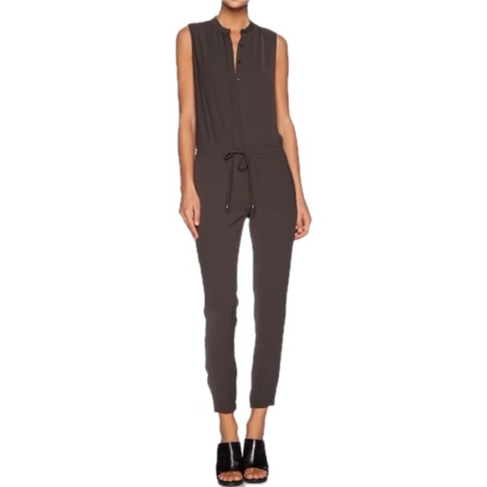 Vince Button Up Jogger Drawstring Waist Jumpsuit in Olive